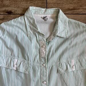 Vtg Green White Stripe Dress Shirt Collar Cuff Button Up Top Size 38